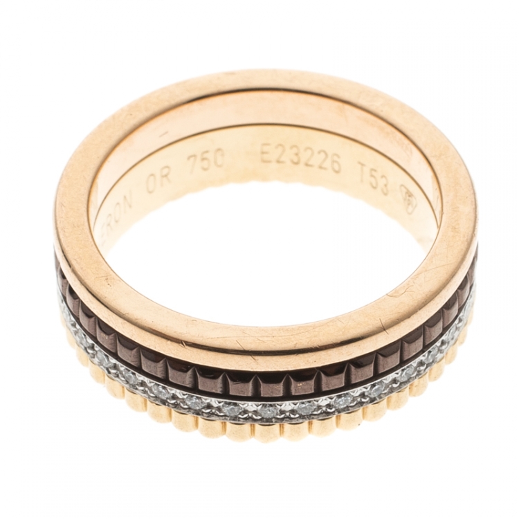 Pre Owned Boucheron Quatre Classique Diamonds 18k Three Tone Gold Band Ring Size 53