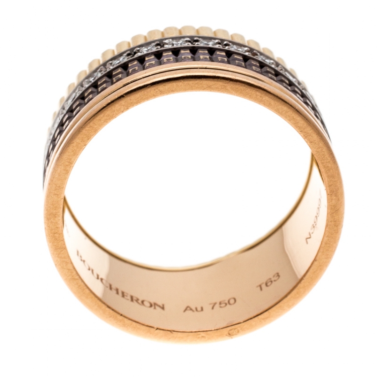 Pre Owned Boucheron Quatre Classique Diamond 18k Three Tone Gold Large Band Ring Size 63