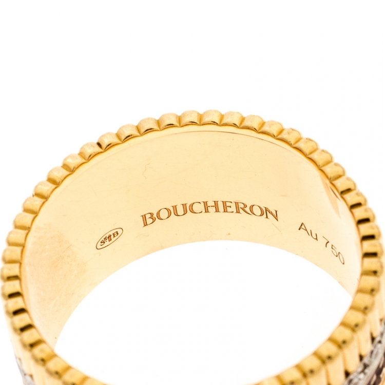 Pre Owned Boucheron Quatre Classique Diamond 18k Three Tone Gold Large Band Ring Size 63