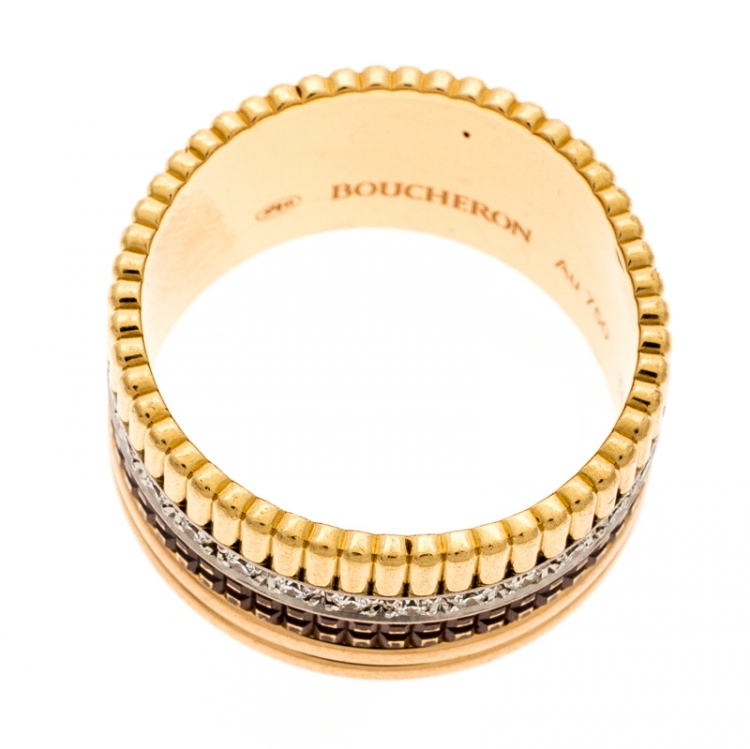 Pre Owned Boucheron Quatre Classique Diamond 18k Three Tone Gold Large Band Ring Size 63