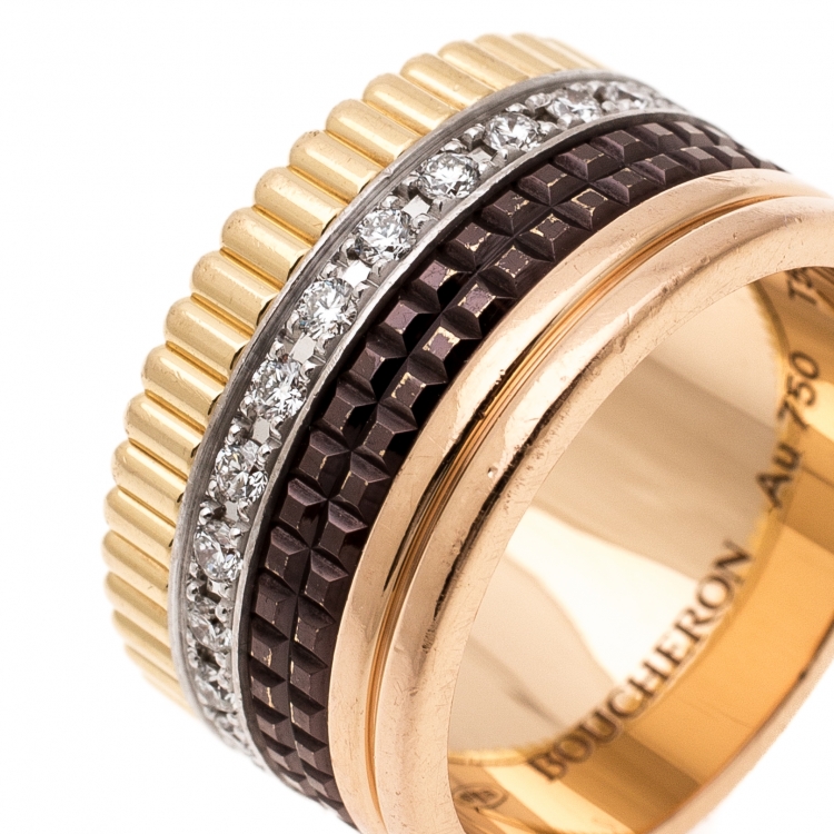 Pre Owned Boucheron Quatre Classique Diamond 18k Three Tone Gold Band Ring Size 55