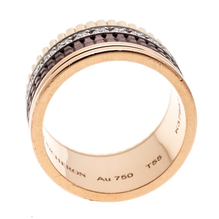 Pre Owned Boucheron Quatre Classique Diamond 18k Three Tone Gold Band Ring Size 55
