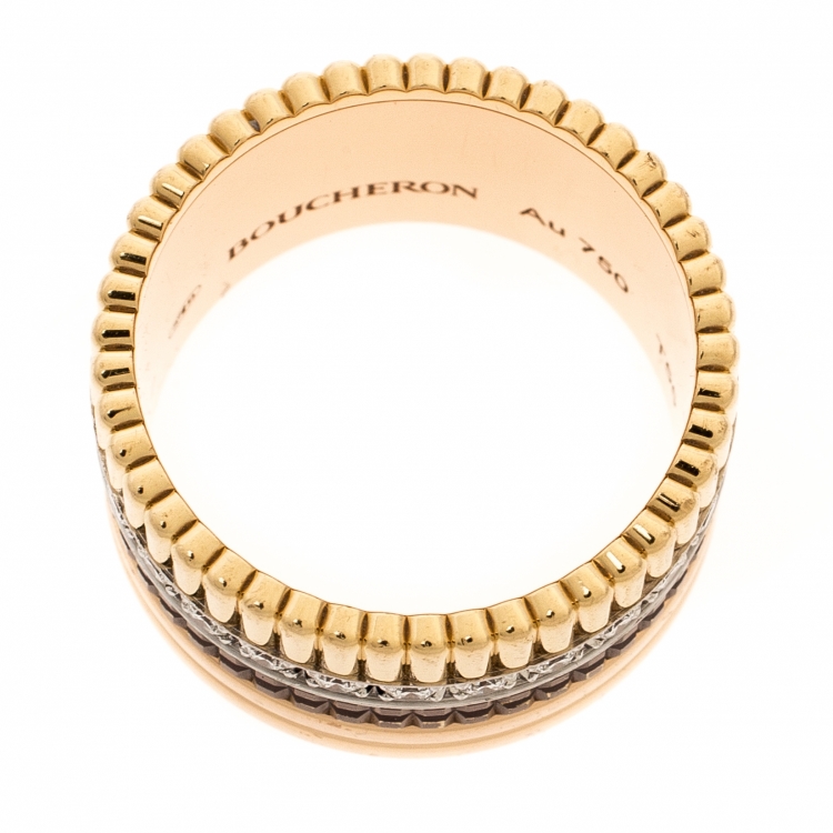 Pre Owned Boucheron Quatre Classique Diamond 18k Three Tone Gold Band Ring Size 55