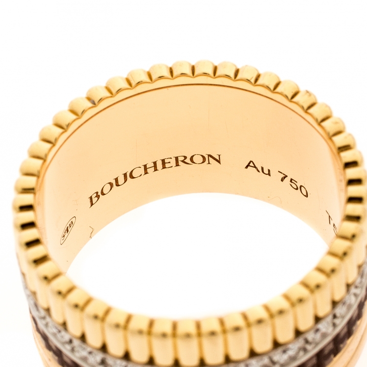 Pre Owned Boucheron Quatre Classique Diamond 18k Three Tone Gold Band Ring Size 55