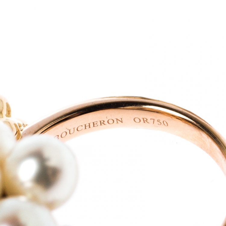 Pre Owned Boucheron Grand Mule Cultured Pearl 18k Two Tone Gold Ring Size 53