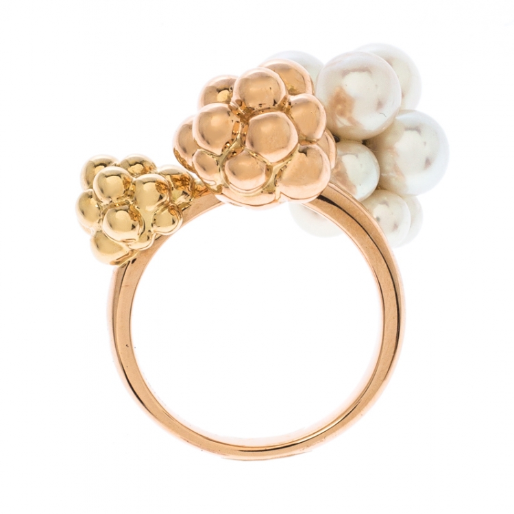 Pre Owned Boucheron Grand Mule Cultured Pearl 18k Two Tone Gold Ring Size 53