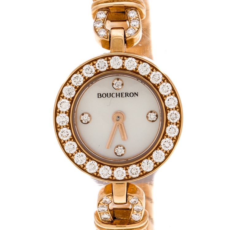 Pre Owned Boucheron Mother of Pearl Diamond & 18k Rose Gold Ma Jolie Women's Wristwatch 18MM