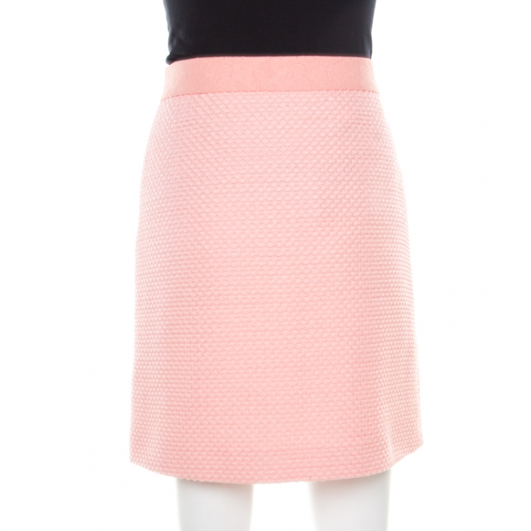 Pre Owned Boutique Moschino Pink Textured Jacquard and Floral Lace Layered Skirt M