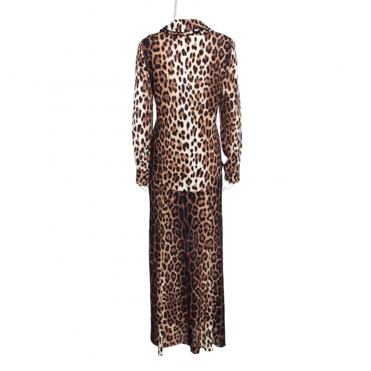 Pre Owned Boutique Moschino Brown Leopard Print Blouse and Maxi Skirt Set M/S