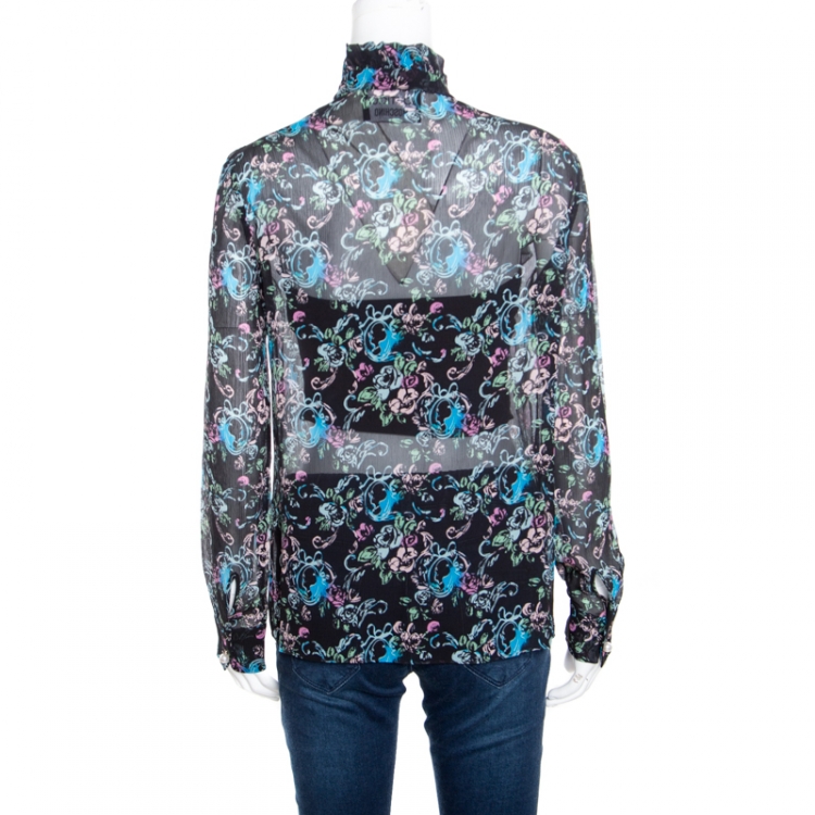 مملوكة مسبقًا Boutique Moschino Black Abstract Floral Print Ruffle Detail Crinkled Silk Blouse S