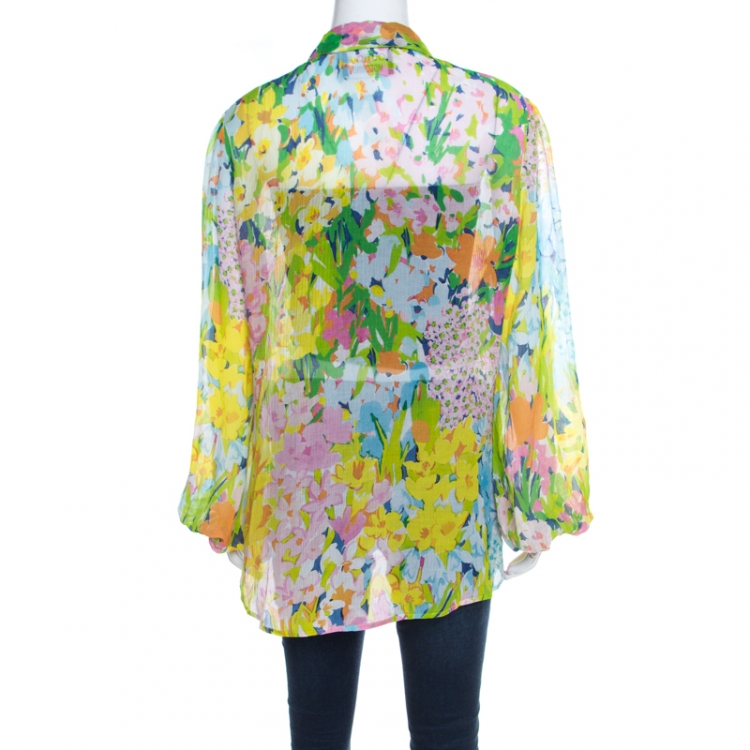 Pre Owned Boutique Moschino Watercolor Floral Printed Sheer Chiffon Shirt L