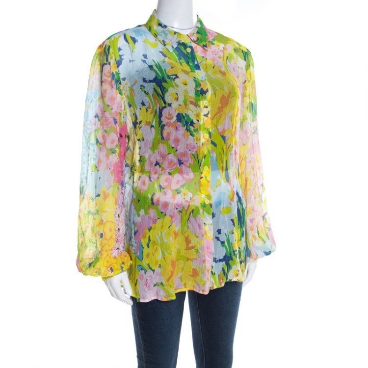 Pre Owned Boutique Moschino Watercolor Floral Printed Sheer Chiffon Shirt L