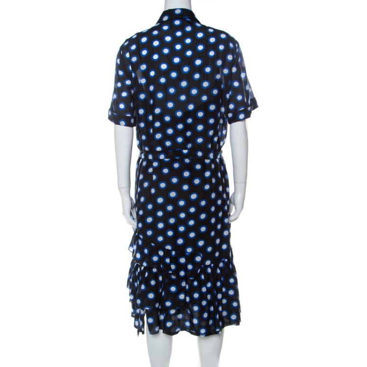 Pre Owned Boutique Moschino Black and Blue Polka Dot Cotton Ruffle Trim Belted Dress L 