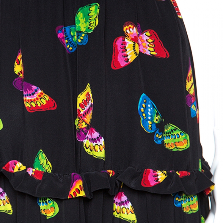 Pre Owned Boutique Moschino Black Butterfly Printed Silk Dress L