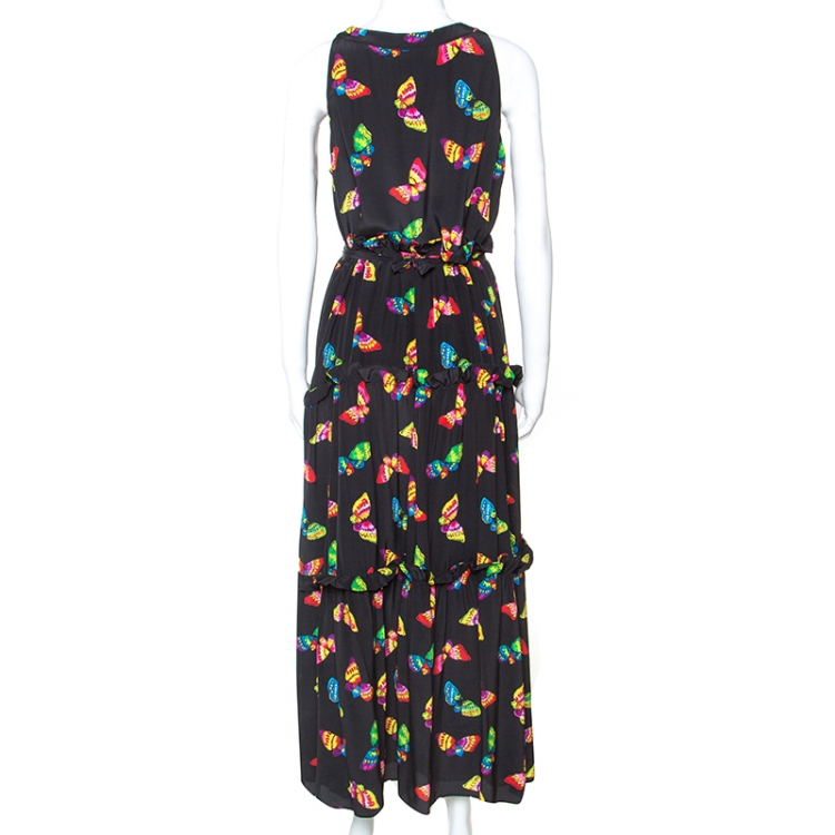 Pre Owned Boutique Moschino Black Butterfly Printed Silk Dress L