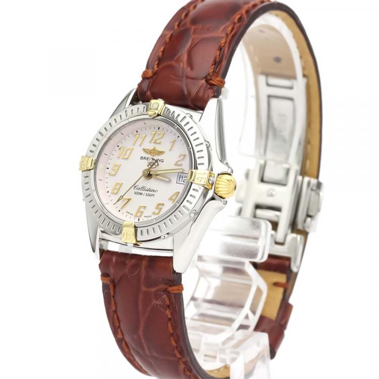 Pre Owned Breitling White 18K Yellow Gold And Stainless Steel Callistino Quartz B52345 Women's Wristwatch 28 MM