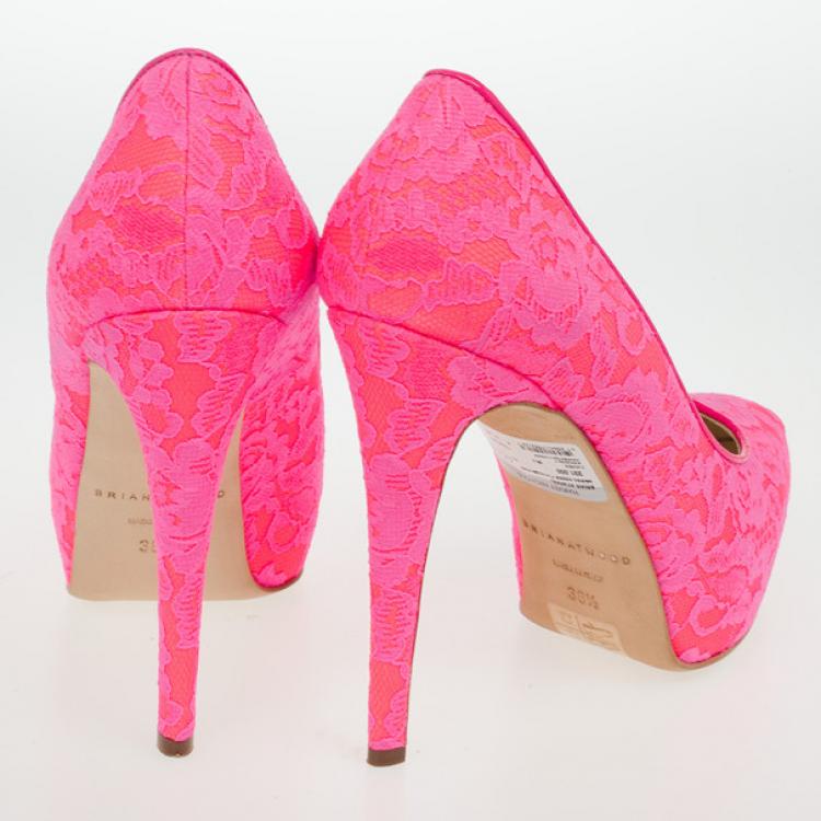Pre Owned Brian Atwood Fuchsia Lace Maniac Platform Pumps Size 38.5