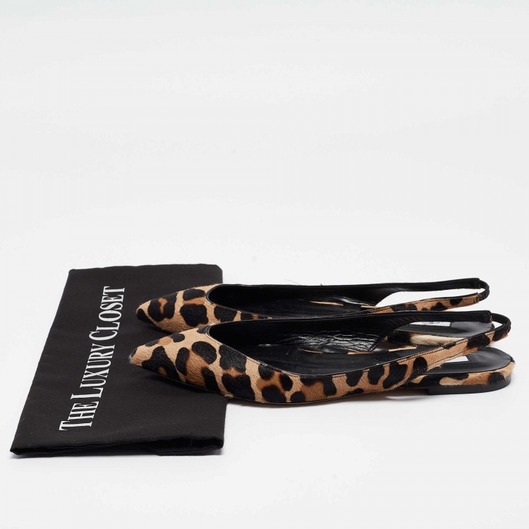 Pre Owned Brian Atwood Beige/Black Pony Hair Slingback Flat Sandals Size 38.5