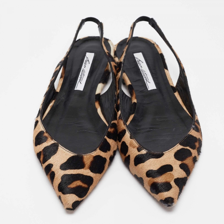Pre Owned Brian Atwood Beige/Black Pony Hair Slingback Flat Sandals Size 38.5