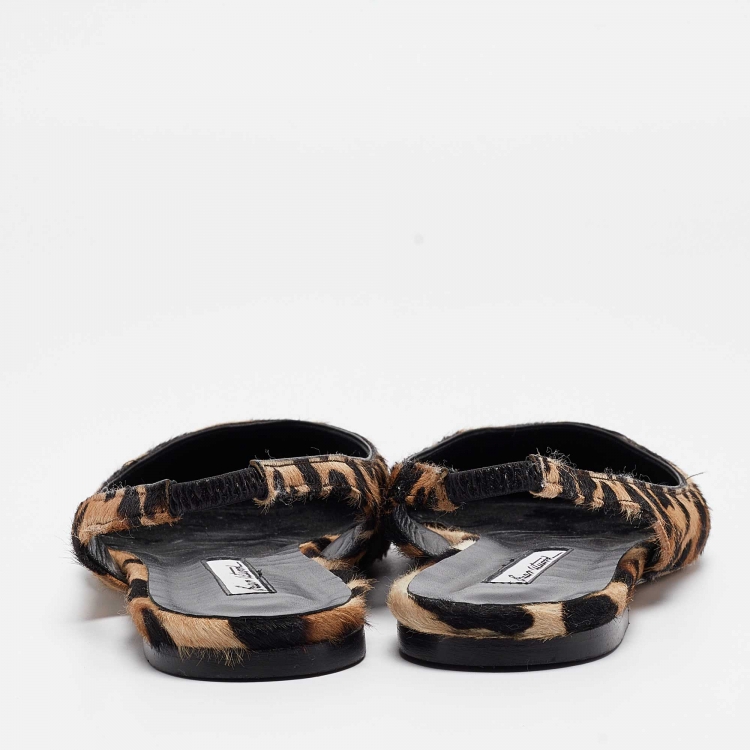 Pre Owned Brian Atwood Beige/Black Pony Hair Slingback Flat Sandals Size 38.5