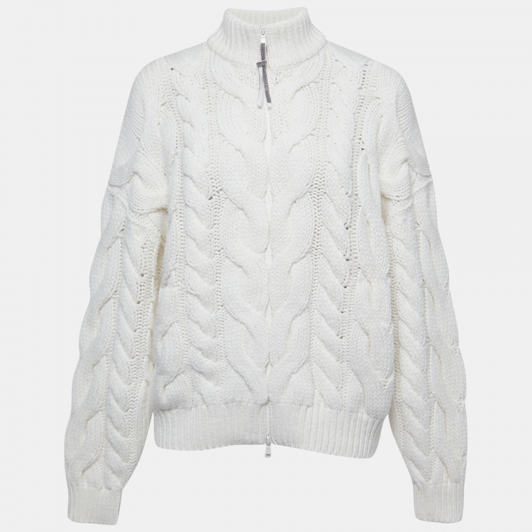 Pre Owned Brunello Cucinelli White Cashmere Cable-Knit Zip-Up Jacket M