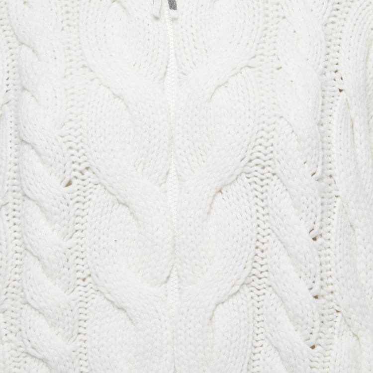 Pre Owned Brunello Cucinelli White Cashmere Cable-Knit Zip-Up Jacket M