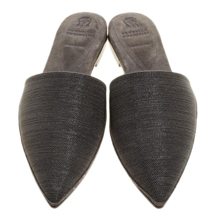 Pre Owned Brunello Cucinelli Grey Suede Monile Pointed Toe Slip On Mules Size 38