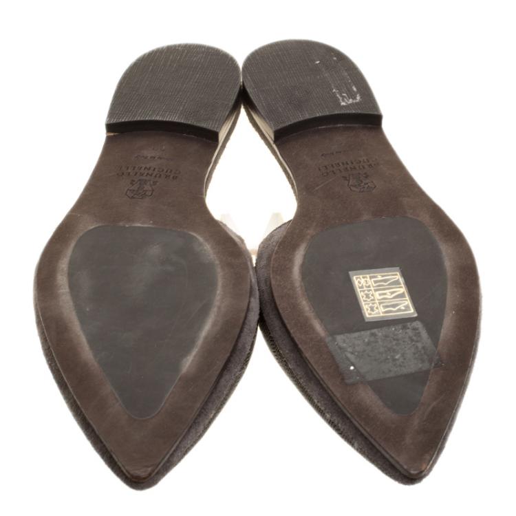 Pre Owned Brunello Cucinelli Grey Suede Monile Pointed Toe Slip On Mules Size 38