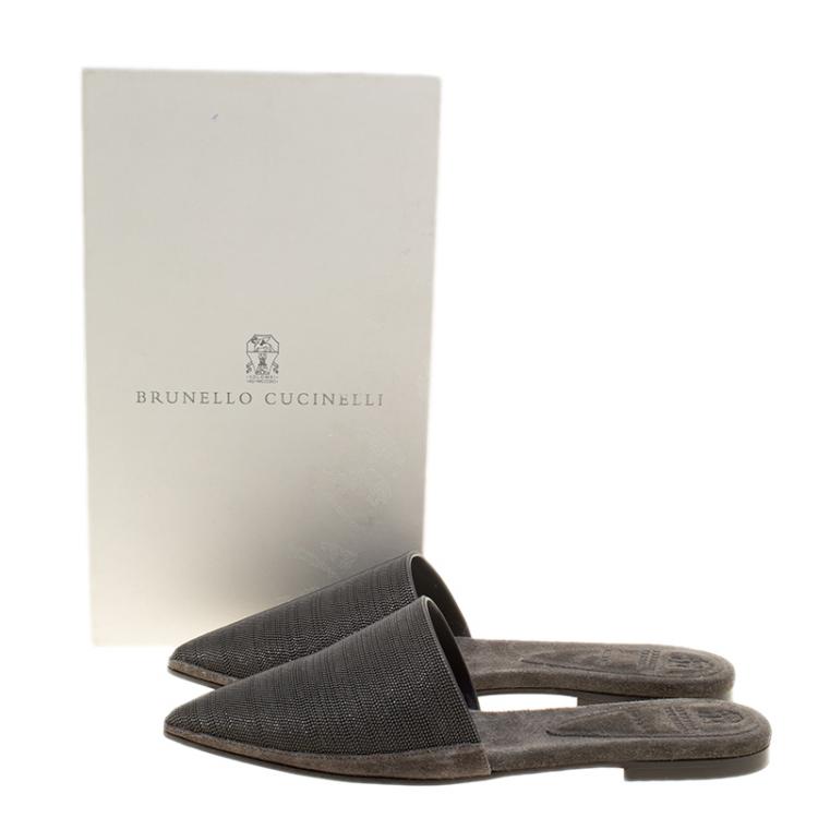 Pre Owned Brunello Cucinelli Grey Suede Monile Pointed Toe Slip On Mules Size 38