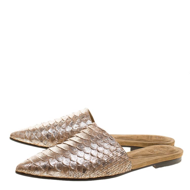 Pre Owned Brunello Cucinelli Beige Metallic Python Lamin Pointed Toe Slip On Mules Size 38.5 