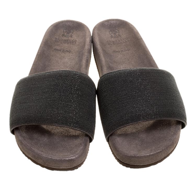 Pre Owned Brunello Cucinelli Metallic Grey Embellished Leather Monili Flat Slides Size 40.5