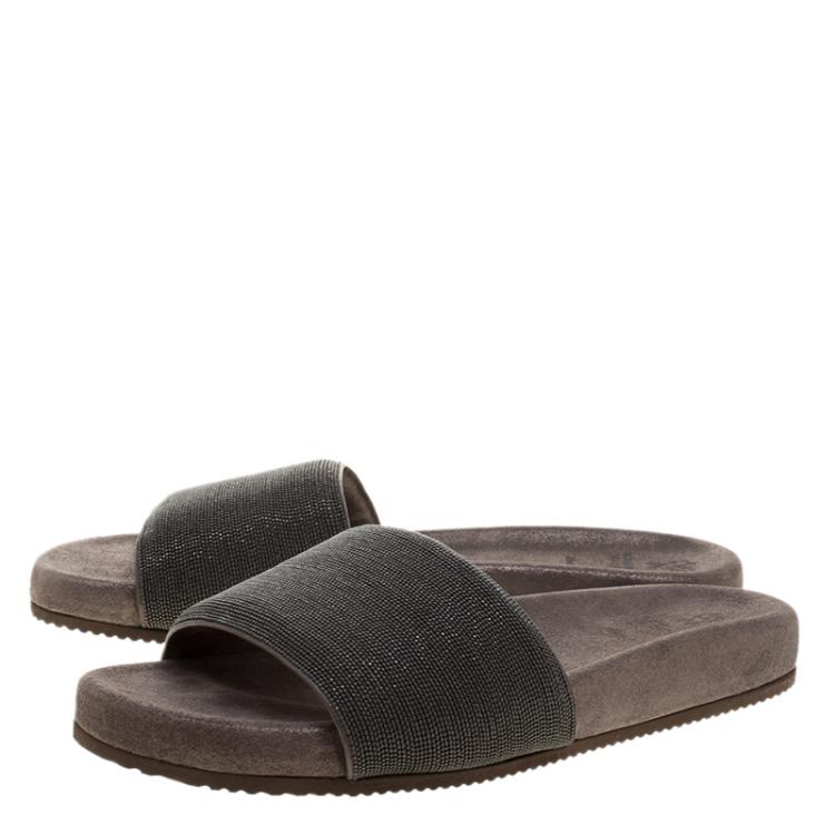 Pre Owned Brunello Cucinelli Metallic Grey Embellished Leather Monili Flat Slides Size 40.5