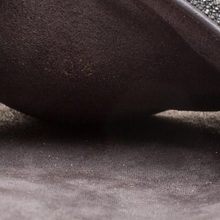 Pre Owned Brunello Cucinelli Metallic Grey Embellished Leather Monili Flat Slides Size 40.5