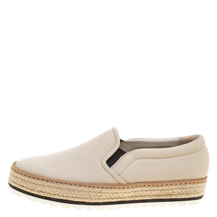 Pre Owned Brunello Cucinelli Beige Leather Espadrille Slip On Sneakers Size 40