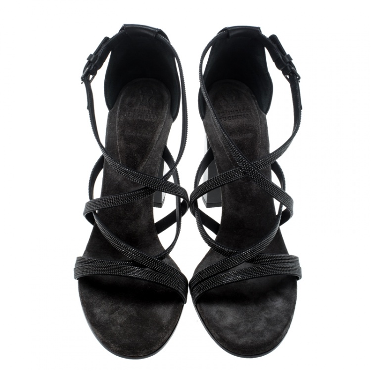 Pre Owned Brunello Cucinelli Metallic Grey Embellished Cross Strap Block Heel Sandals Size 39