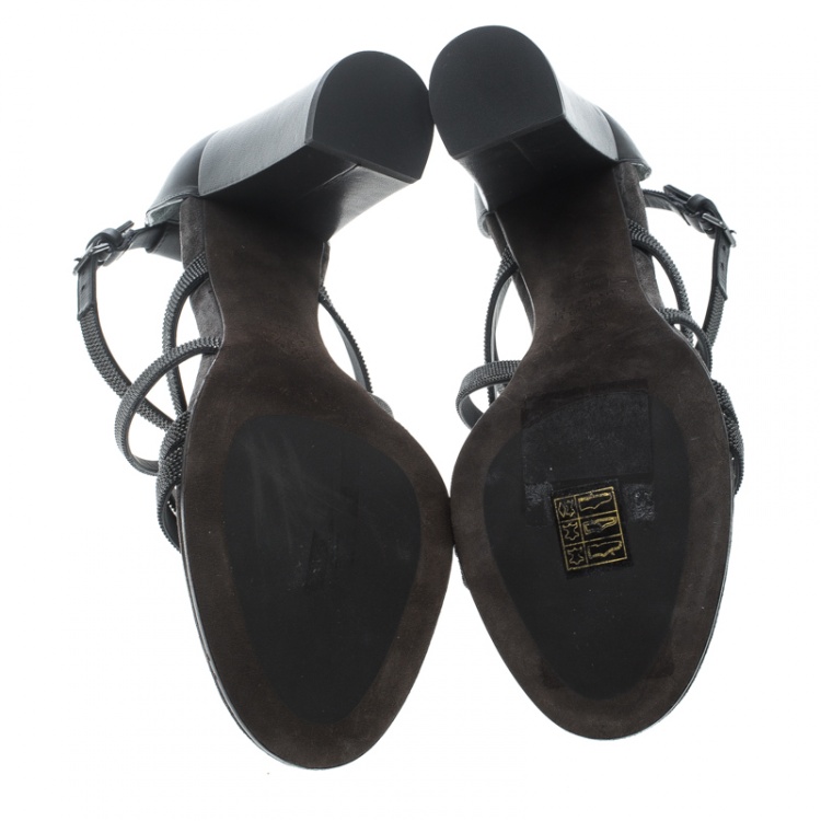 Pre Owned Brunello Cucinelli Metallic Grey Embellished Cross Strap Block Heel Sandals Size 39
