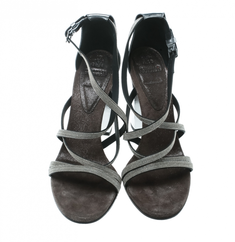 Pre Owned Brunello Cucinelli Metallic Silver Leather Embellished Cross Strap Block Heel Sandals Size 40