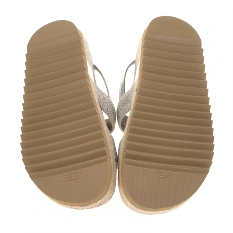 Pre Owned Brunello Cucinelli Metallic Silver Beaded Strap Espadrille Flat Sandals Size 39
