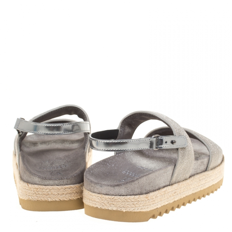 Pre Owned Brunello Cucinelli Metallic Silver Beaded Strap Espadrille Flat Sandals Size 39
