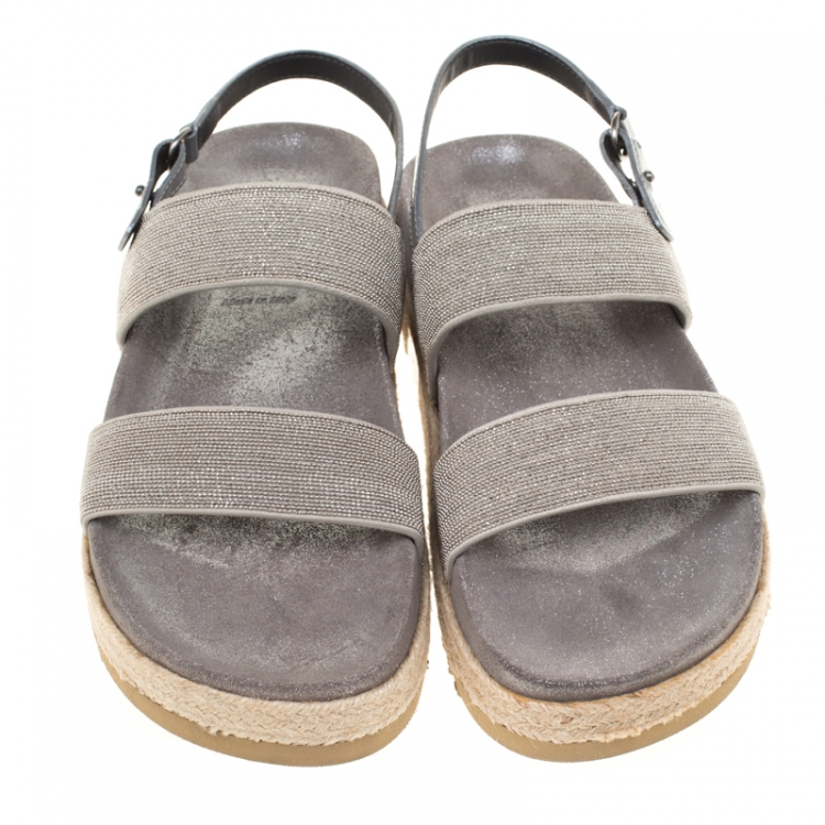 Pre Owned Brunello Cucinelli Metallic Silver Beaded Strap Espadrille Flat Sandals Size 39