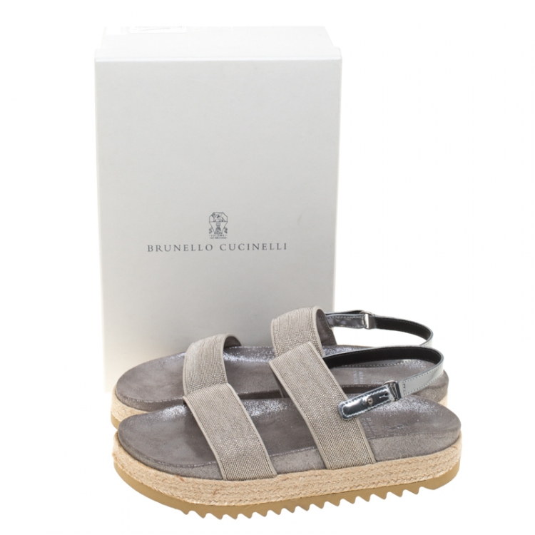 Pre Owned Brunello Cucinelli Metallic Silver Beaded Strap Espadrille Flat Sandals Size 39