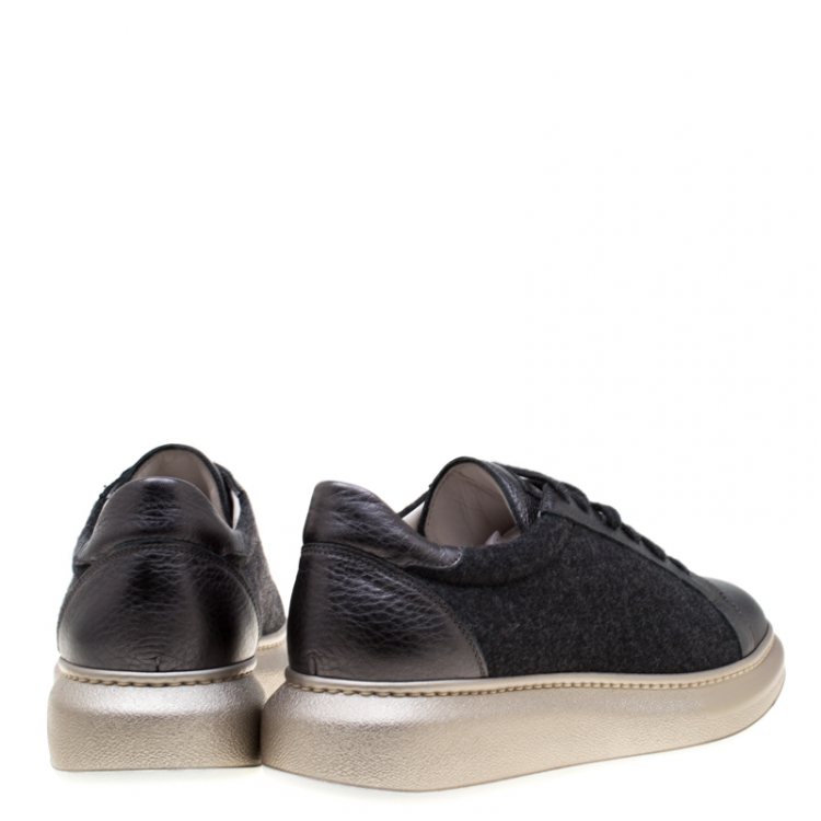 Pre Owned Brunello Cucinelli Dark Grey Wool And Leather Platform Sneakers Size 38