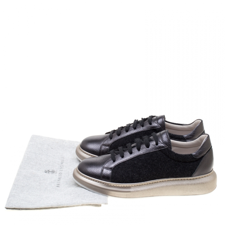 Pre Owned Brunello Cucinelli Dark Grey Wool And Leather Platform Sneakers Size 38