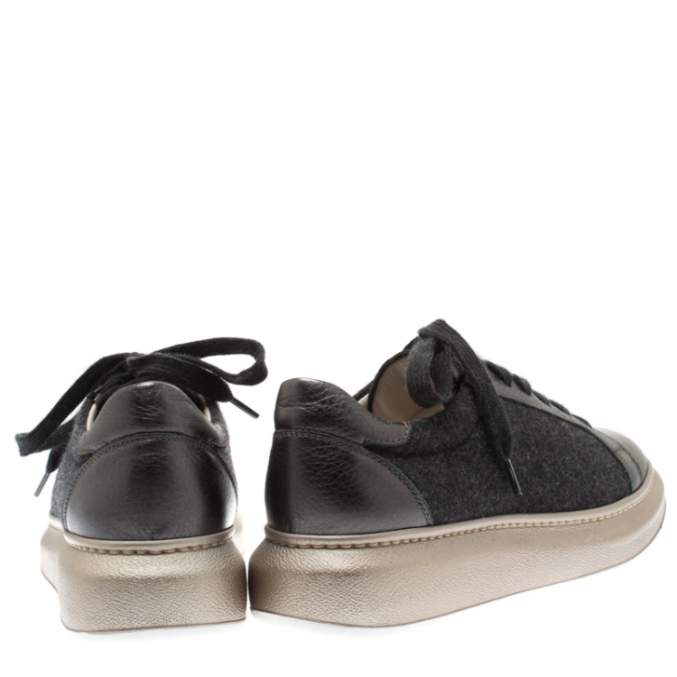Pre Owned Brunello Cucinelli Dark Grey Wool And Leather Platform Sneakers Size 37.5