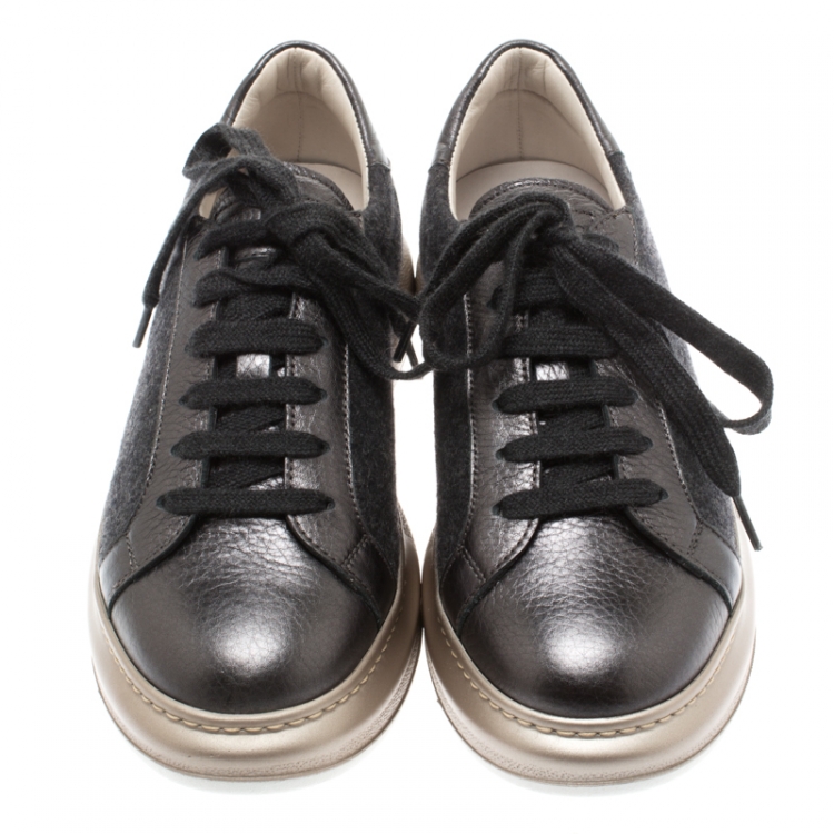 Pre Owned Brunello Cucinelli Dark Grey Wool And Leather Platform Sneakers Size 37.5