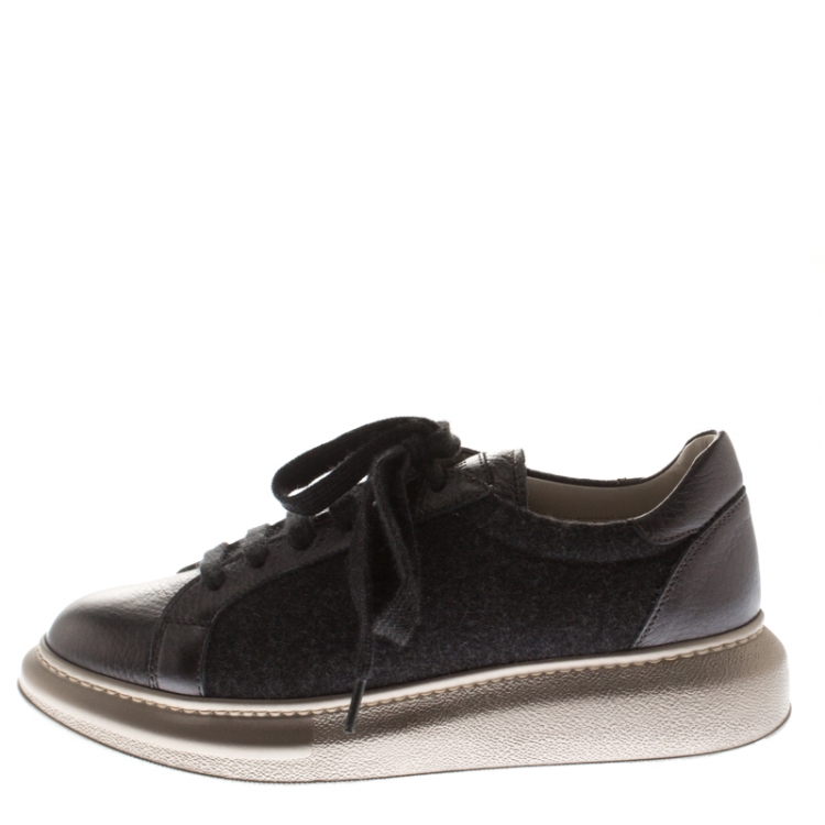 Pre Owned Brunello Cucinelli Dark Grey Wool And Leather Platform Sneakers Size 37.5