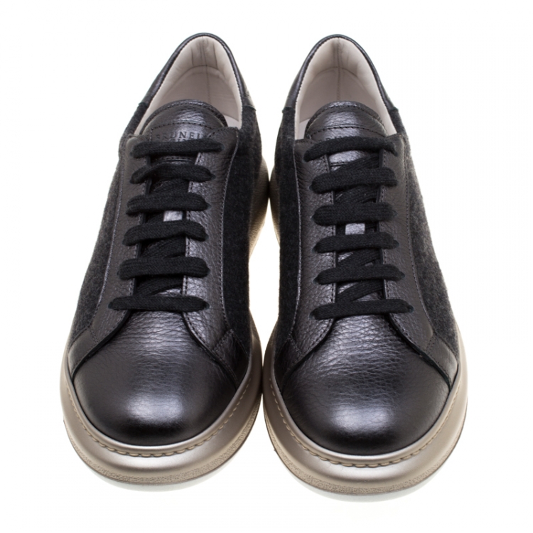 Pre Owned Brunello Cucinelli Dark Grey Wool And Leather Platform Sneakers Size 39