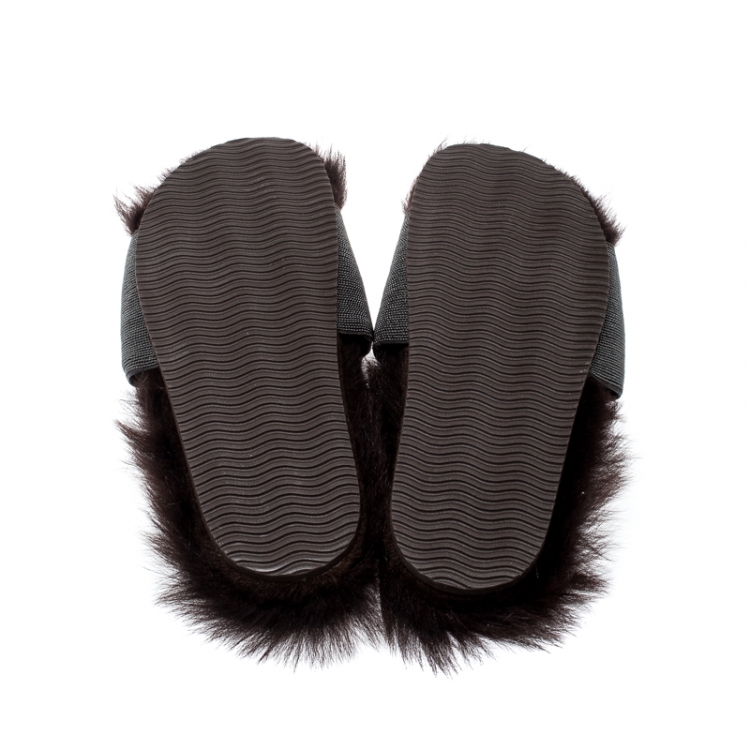 Pre Owned Brunello Cucinelli Brown Monile Bead And Shearling Slip On Slides Size 37