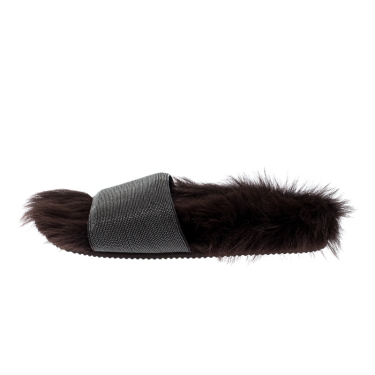 Pre Owned Brunello Cucinelli Brown Monile Bead And Shearling Slip On Slides Size 37
