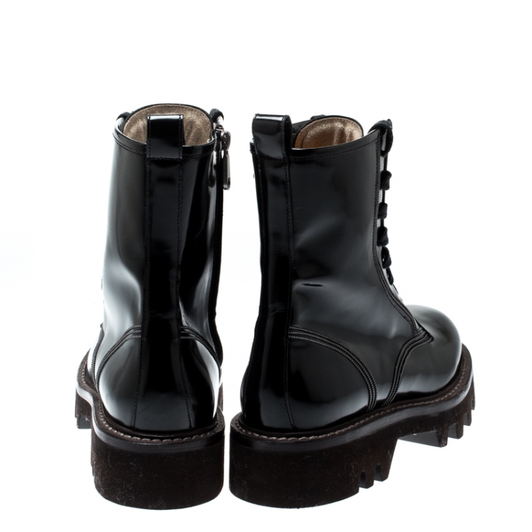 Pre Owned Brunello Cucinelli Black Biker Lace Up Ankle Boots Size 40